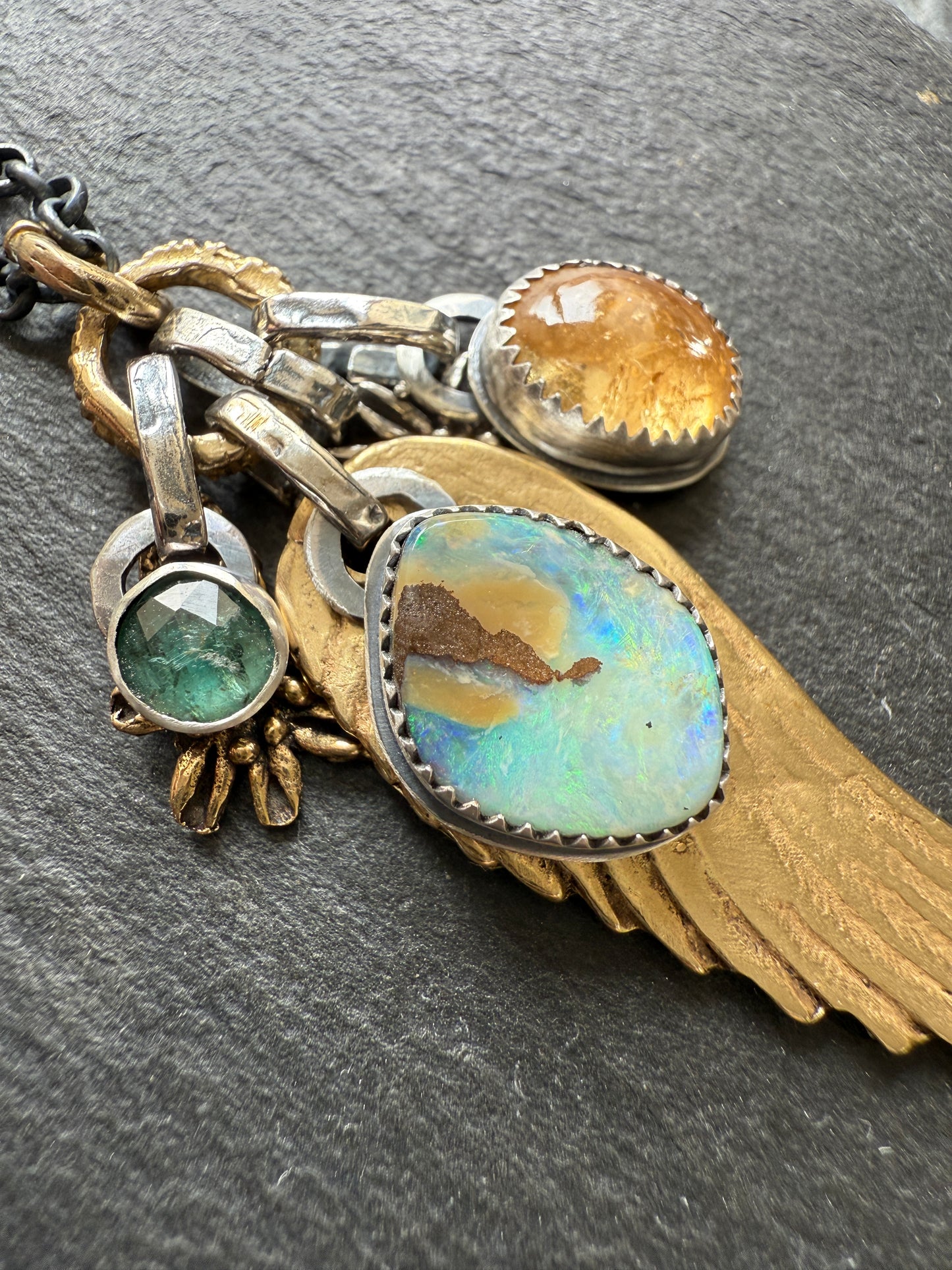 Bronze Wing and Gemstone Charm Necklace