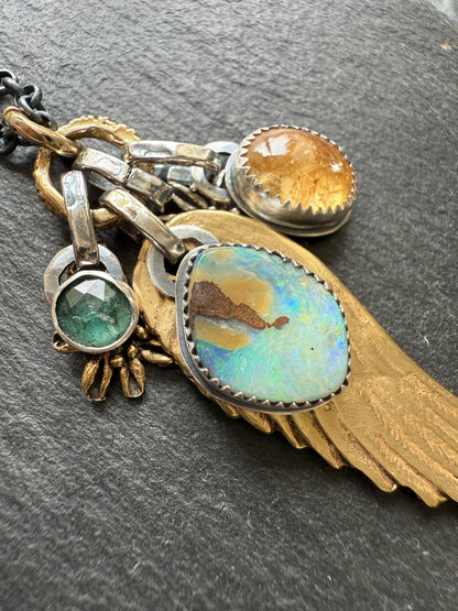Bronze Wing and Gemstone Charm Necklace