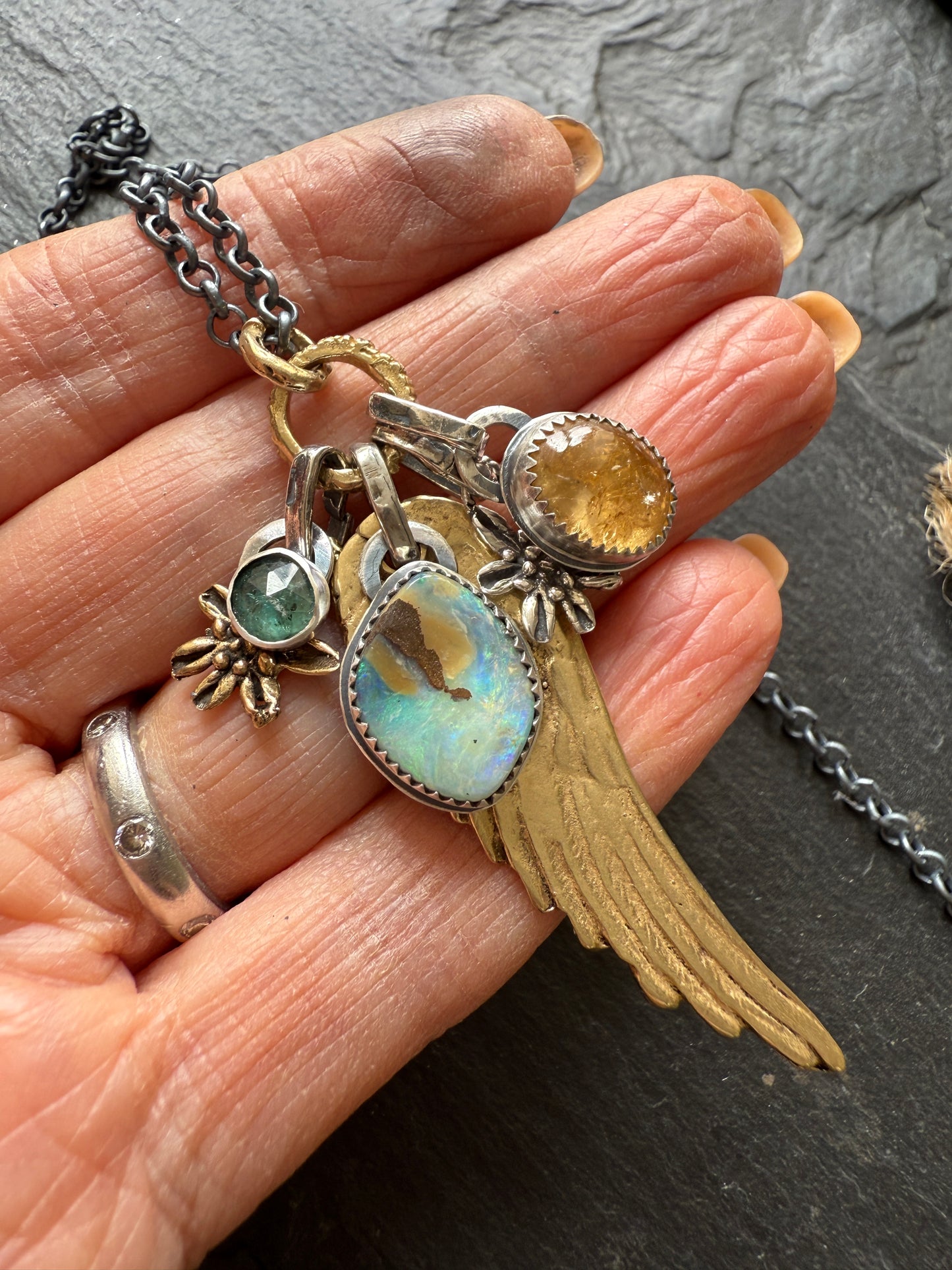 Bronze Wing and Gemstone Charm Necklace