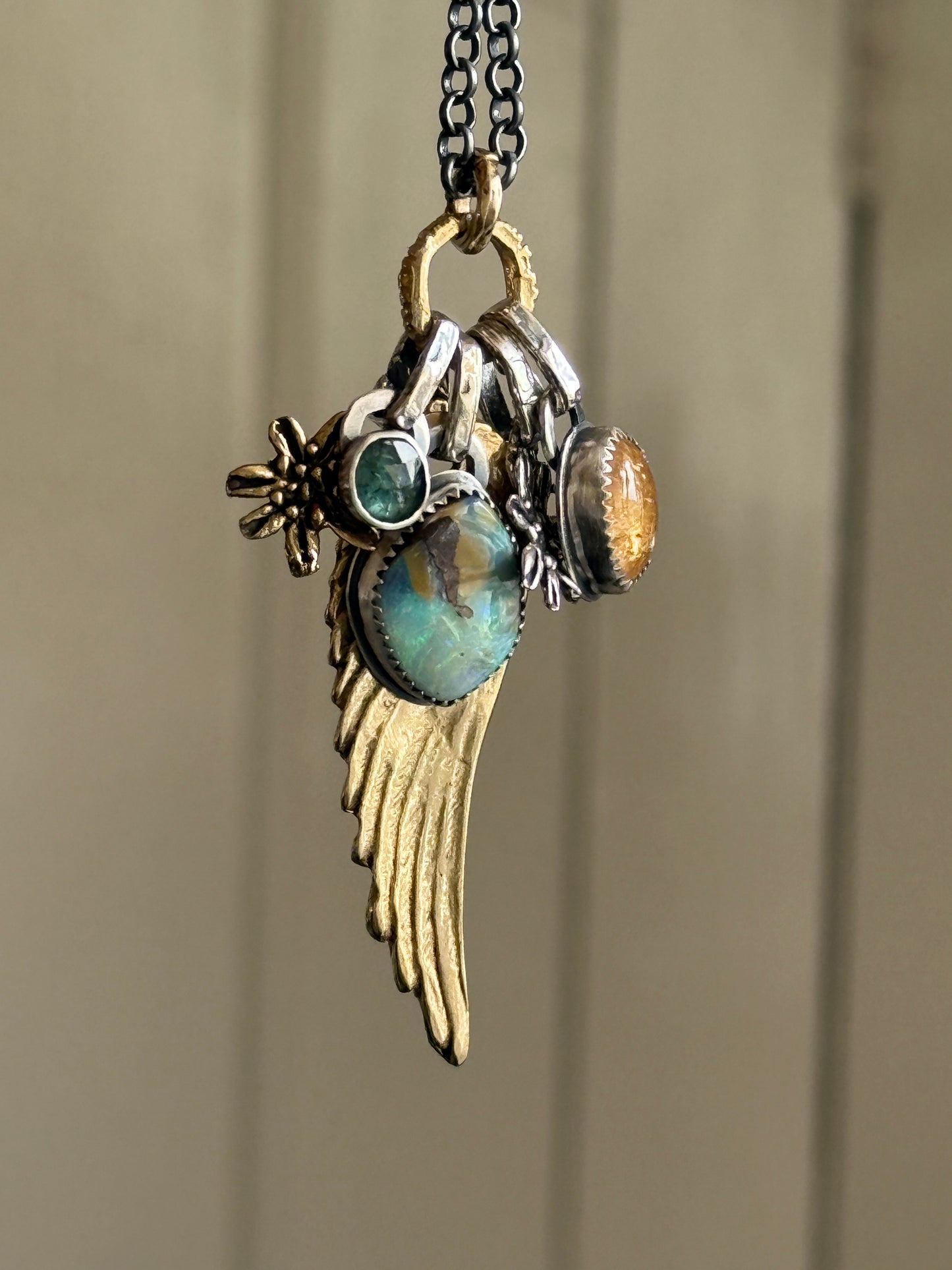Bronze Wing and Gemstone Charm Necklace