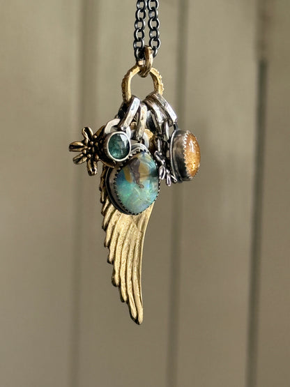 Bronze Wing and Gemstone Charm Necklace