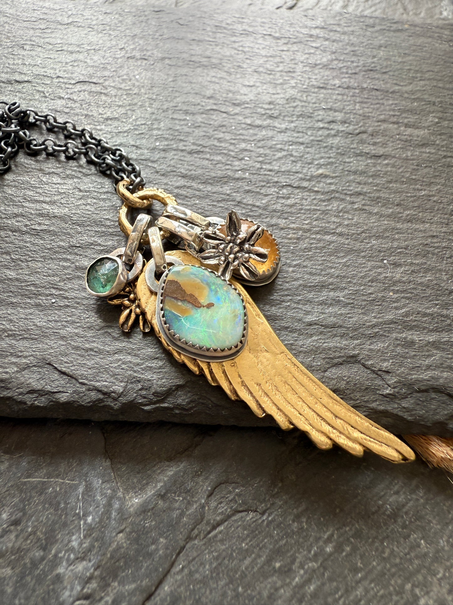 Bronze Wing and Gemstone Charm Necklace
