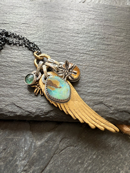 Bronze Wing and Gemstone Charm Necklace