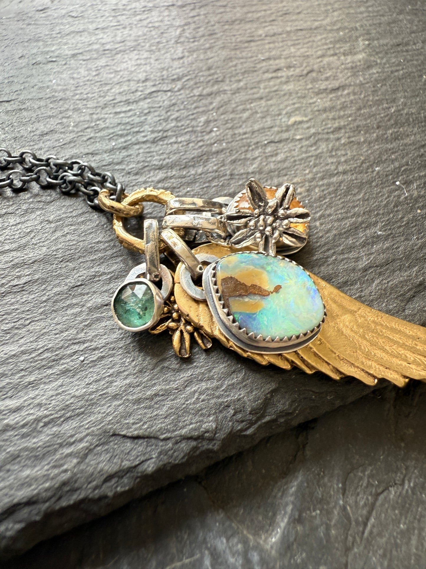 Bronze Wing and Gemstone Charm Necklace