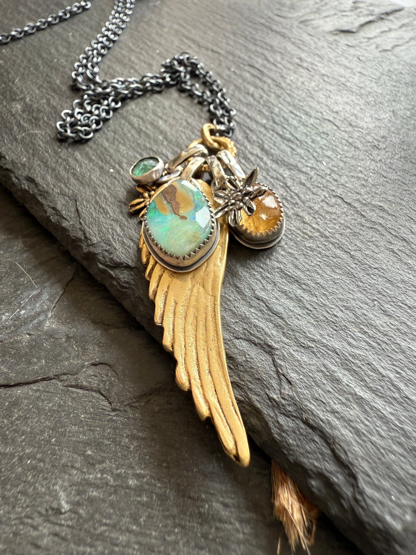 Bronze Wing and Gemstone Charm Necklace