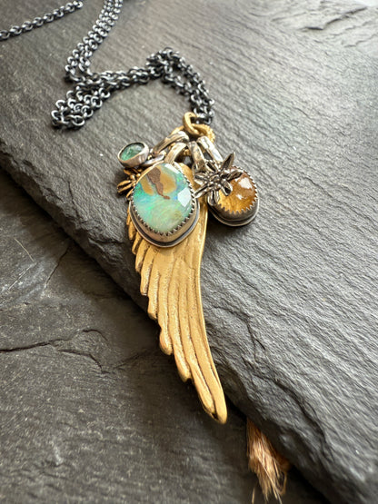 Bronze Wing and Gemstone Charm Necklace