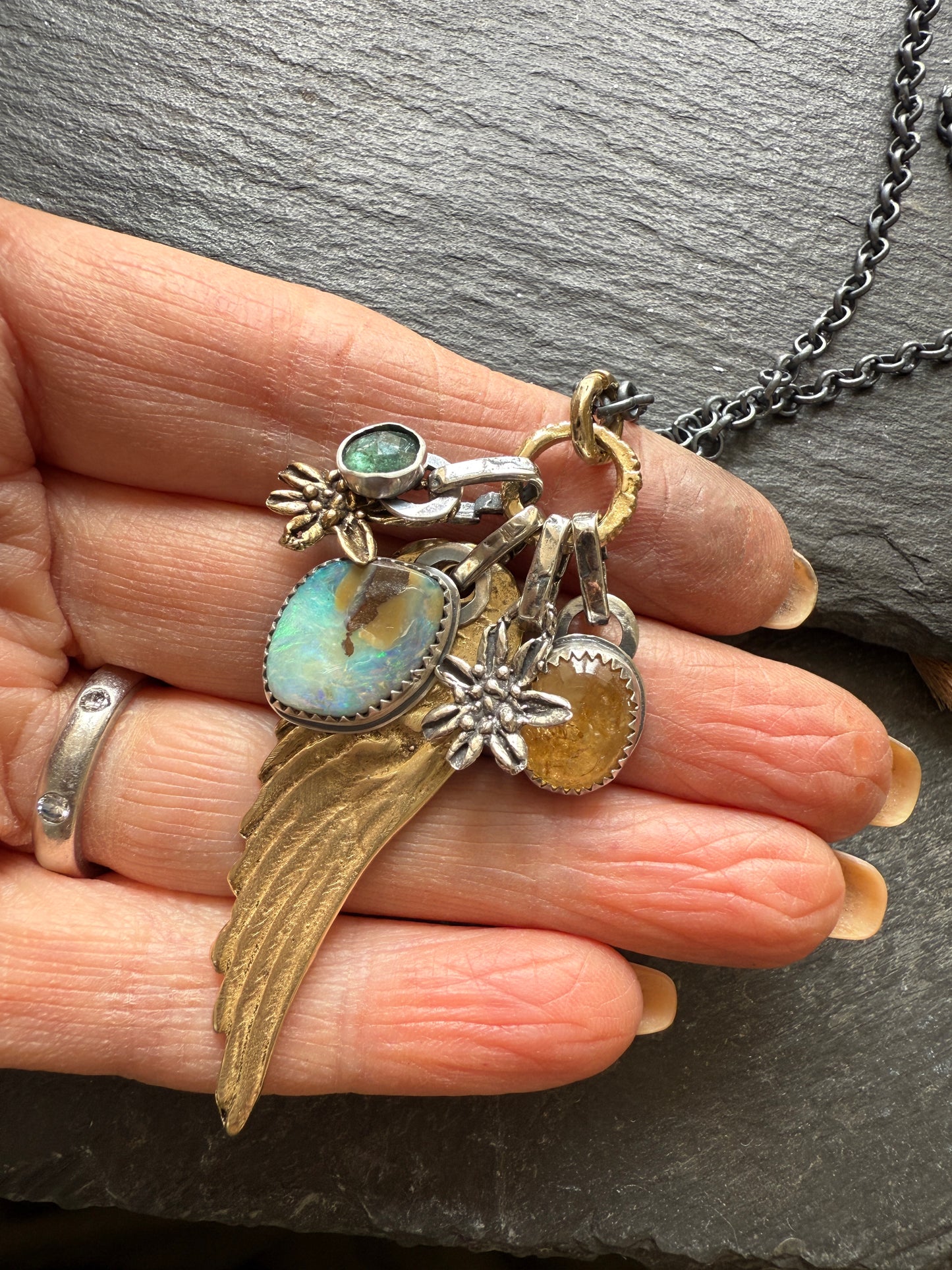 Bronze Wing and Gemstone Charm Necklace