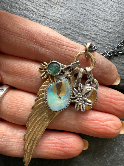 Bronze Wing and Gemstone Charm Necklace