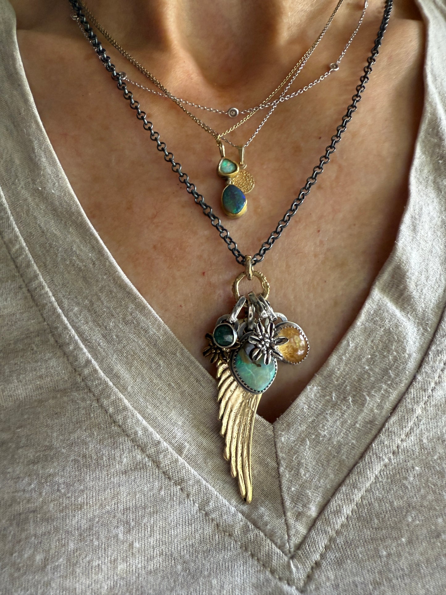 Bronze Wing and Gemstone Charm Necklace