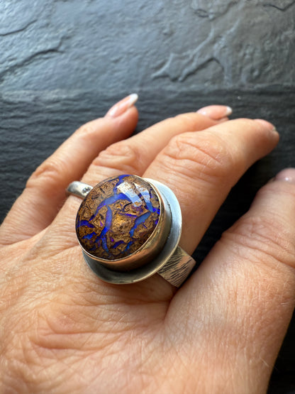 Blue Boulder Opal Ring