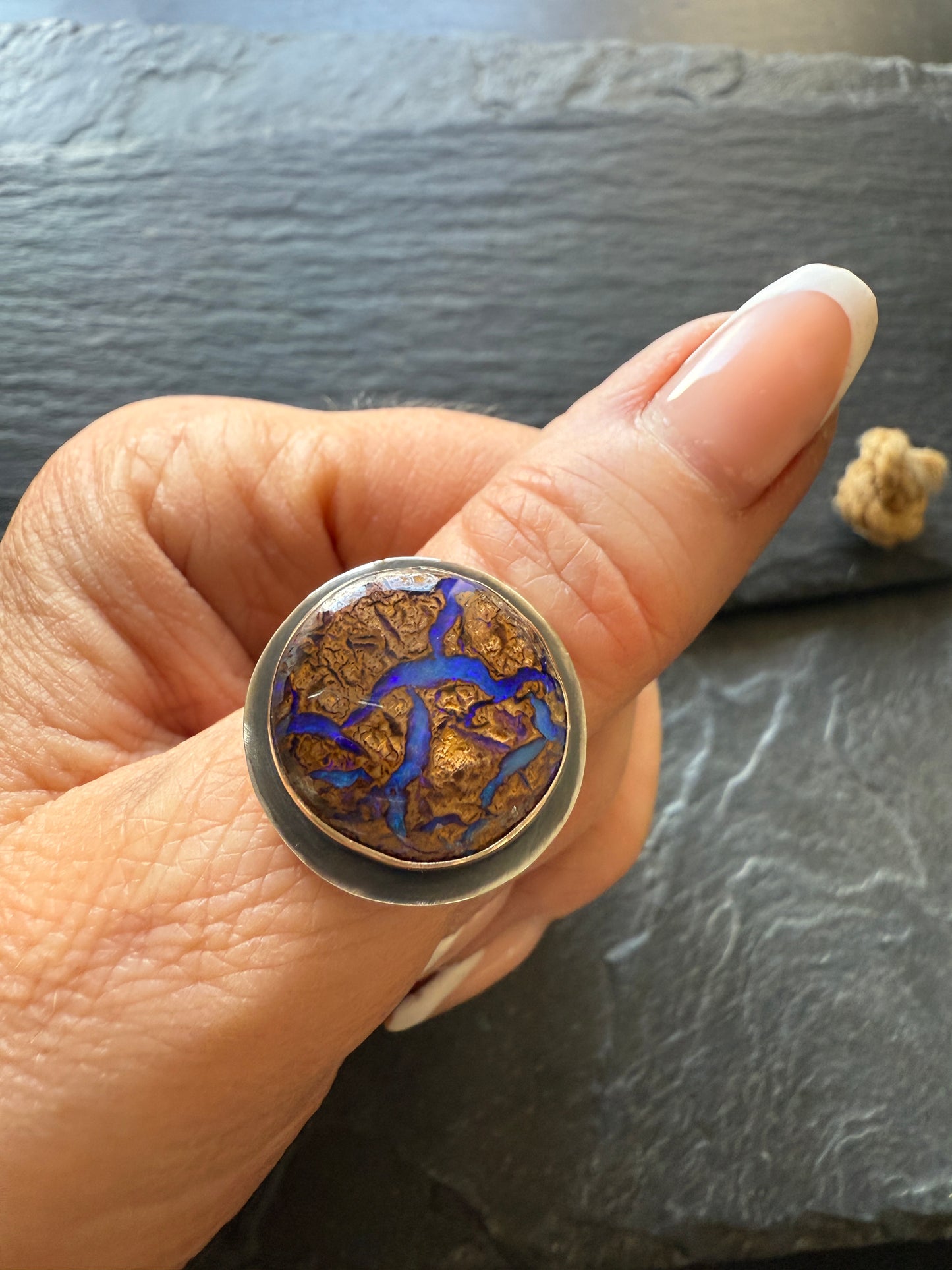 Blue Boulder Opal Ring
