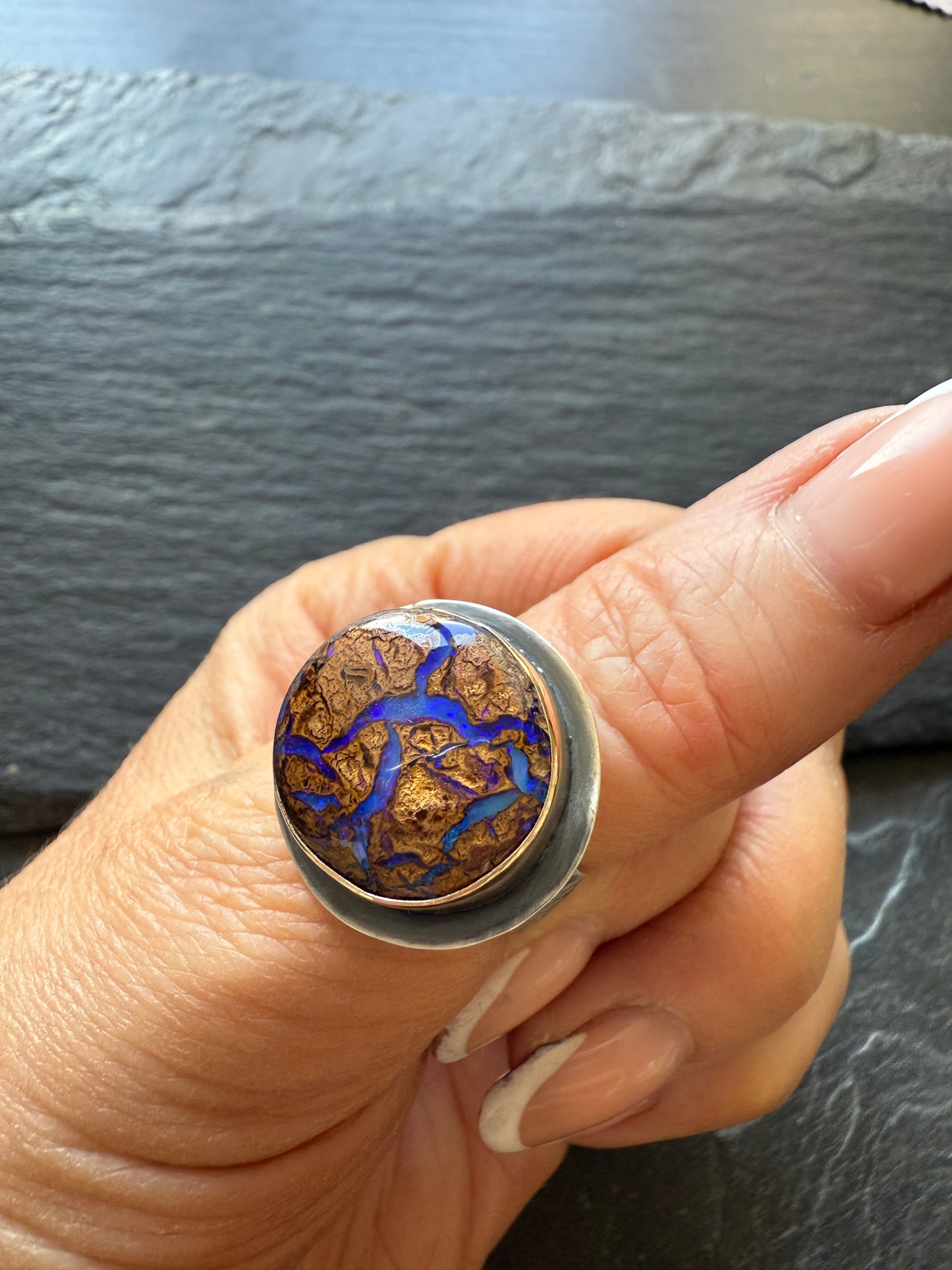 Blue Boulder Opal Ring