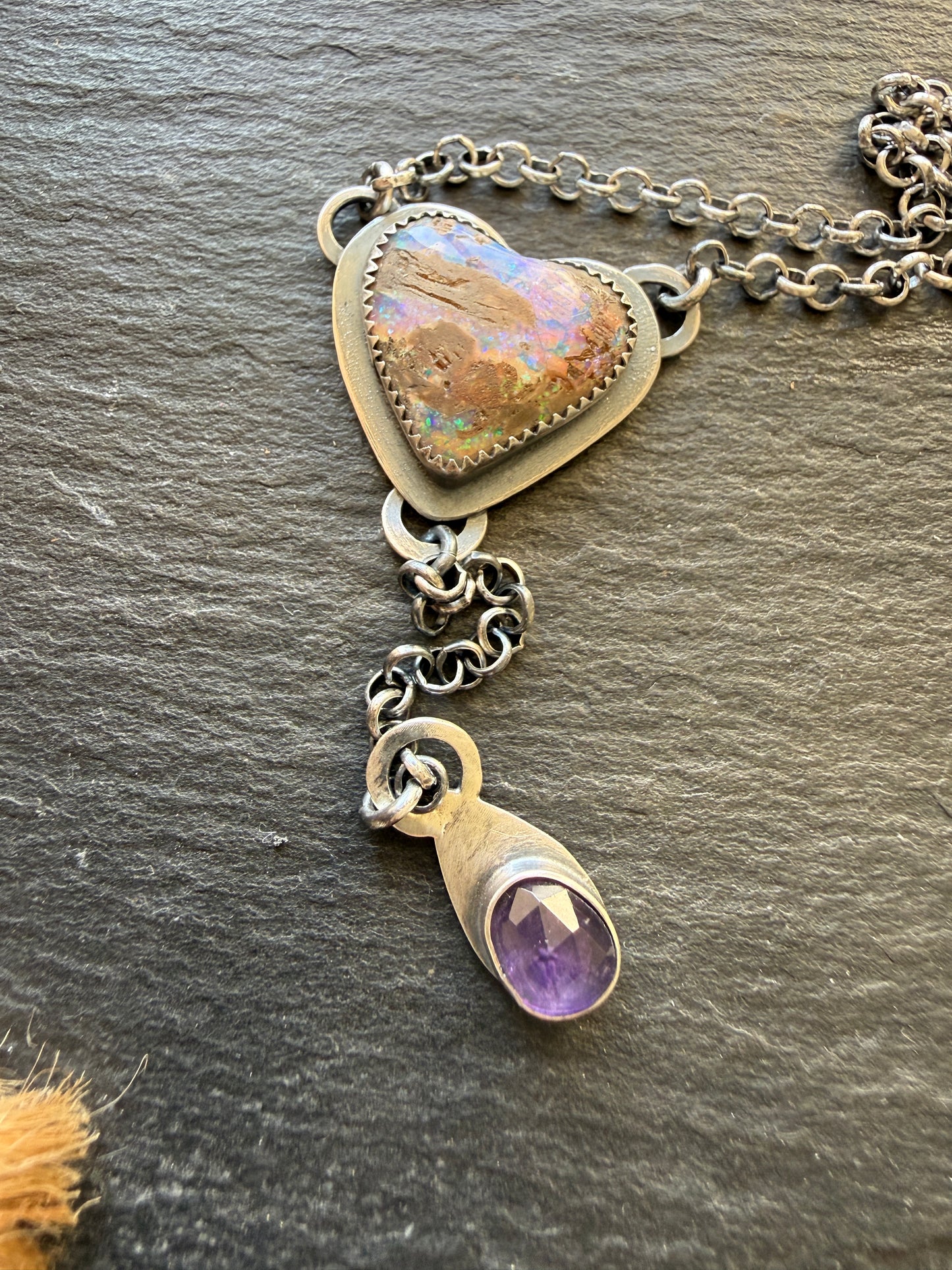 Y Necklace Boulder Opal & Amethyst