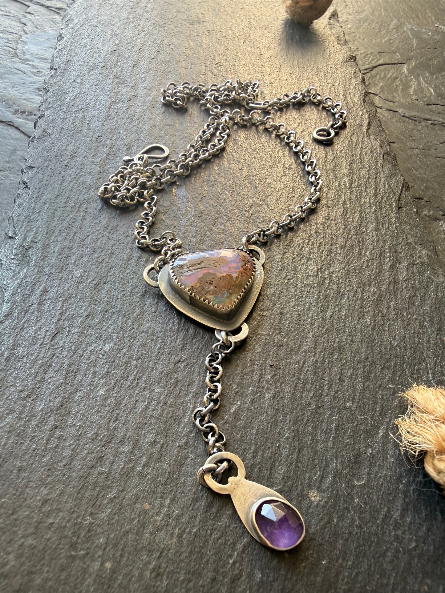 Y Necklace Boulder Opal & Amethyst