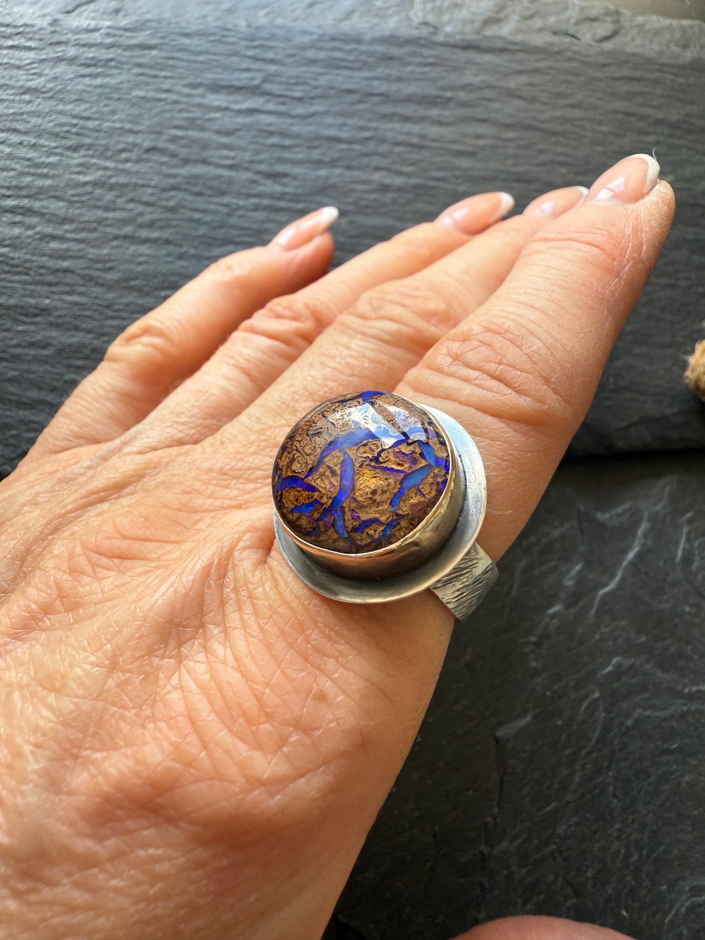 Blue Boulder Opal Ring