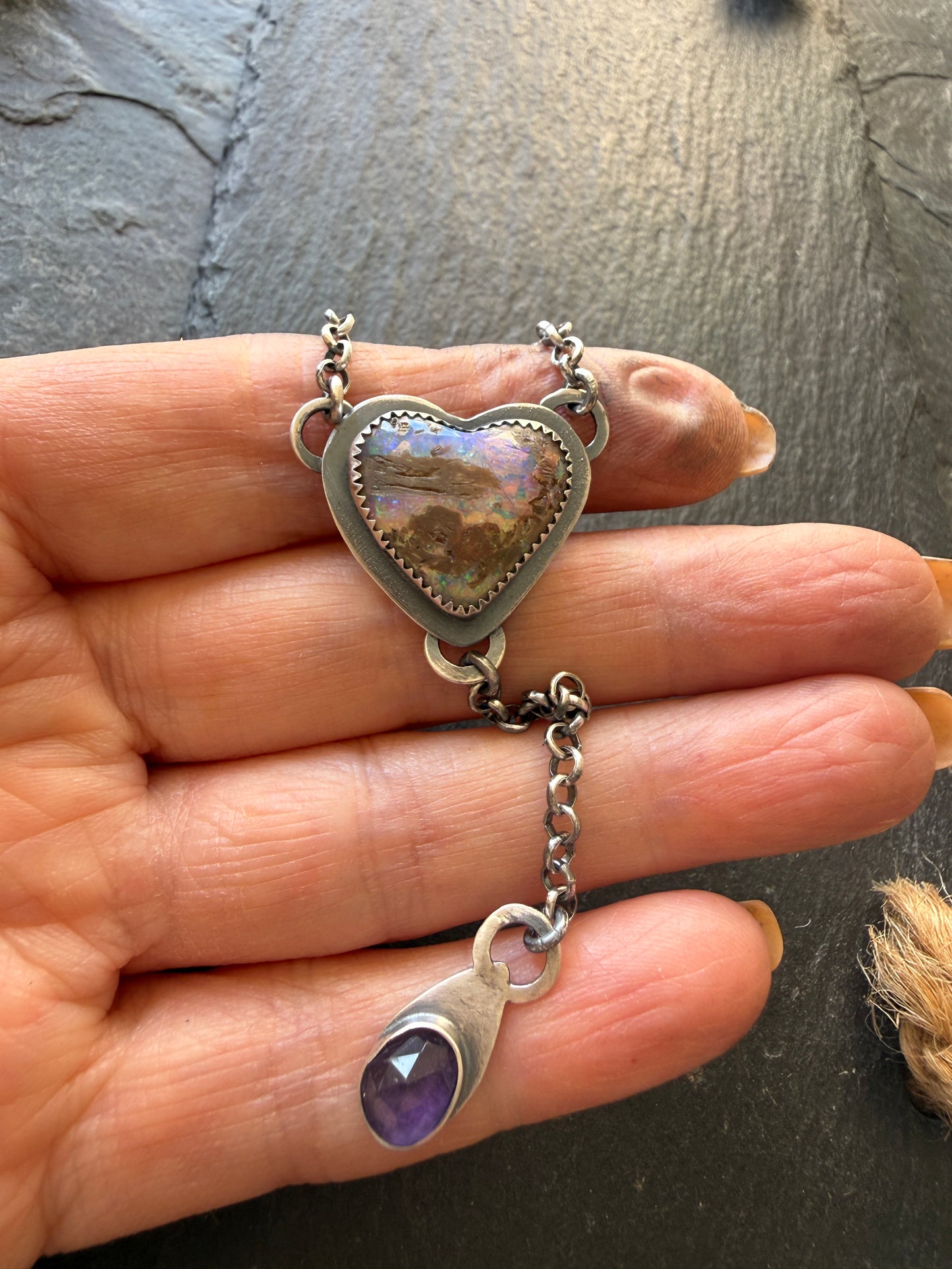 Y Necklace Boulder Opal & Amethyst