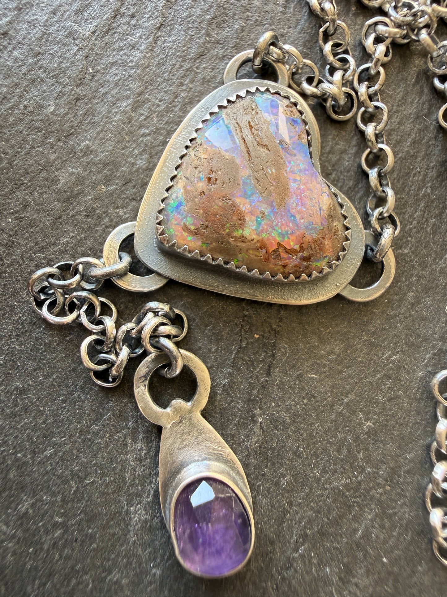 Y Necklace Boulder Opal & Amethyst