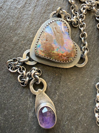 Y Necklace Boulder Opal & Amethyst