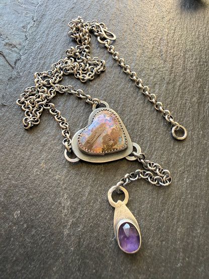 Y Necklace Boulder Opal & Amethyst