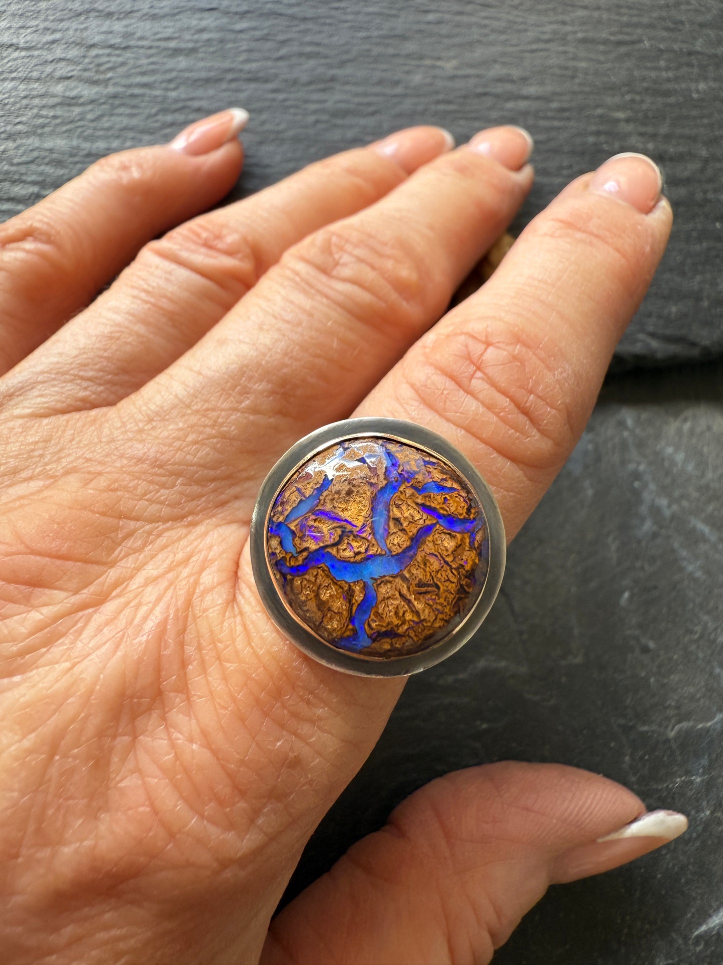Blue Boulder Opal Ring