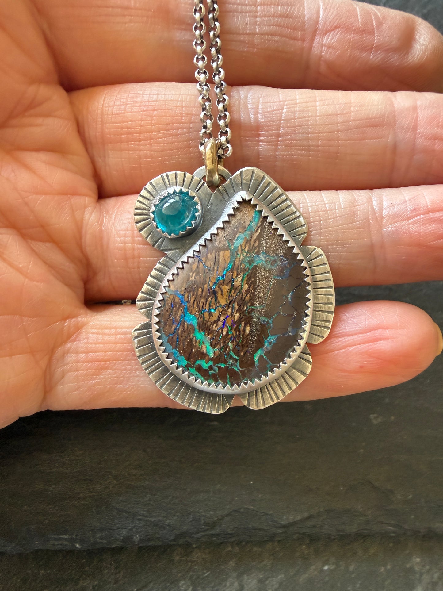 Boulder Opal and Apatite Pendant