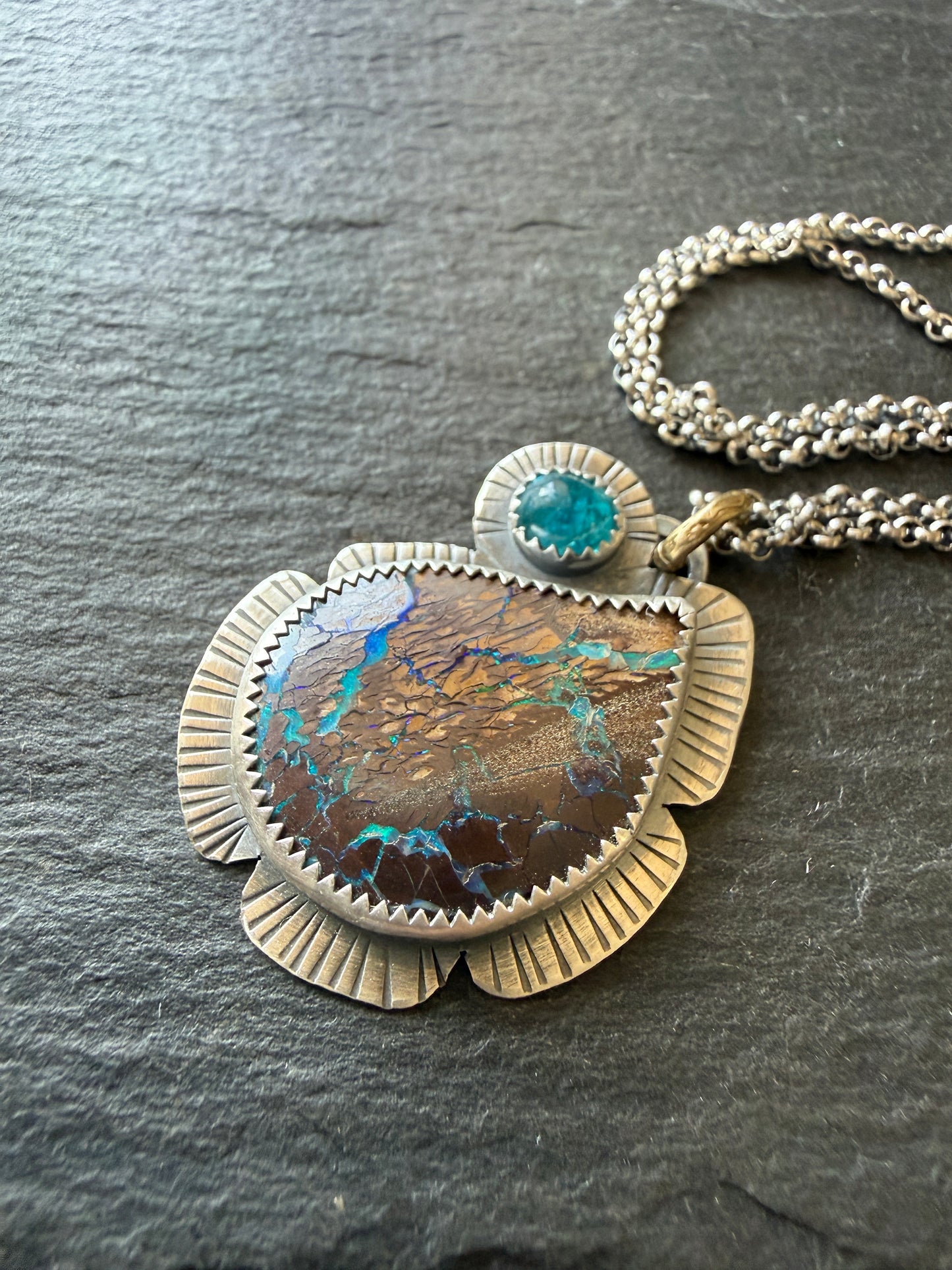 Boulder Opal and Apatite Pendant