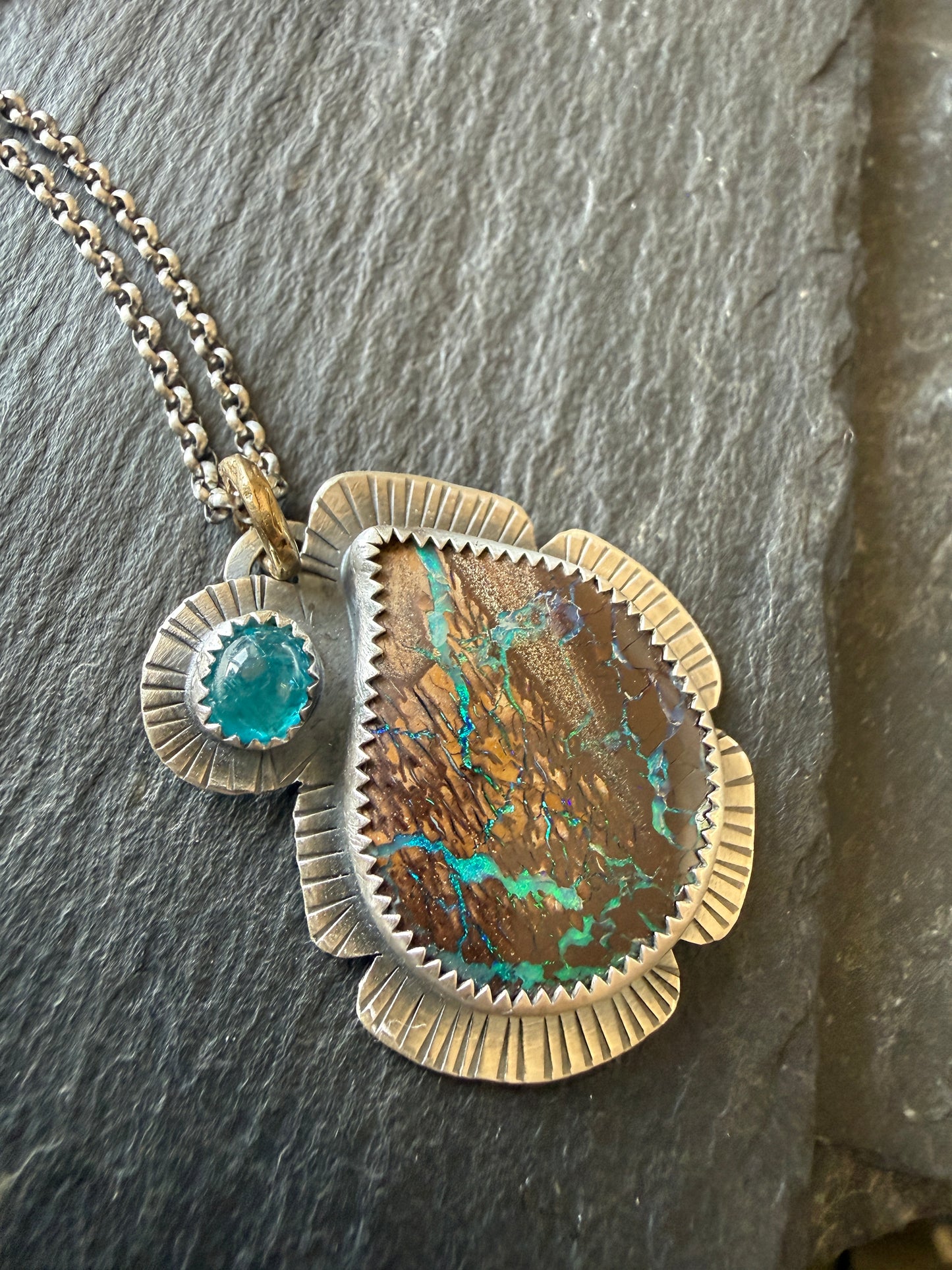 Boulder Opal and Apatite Pendant