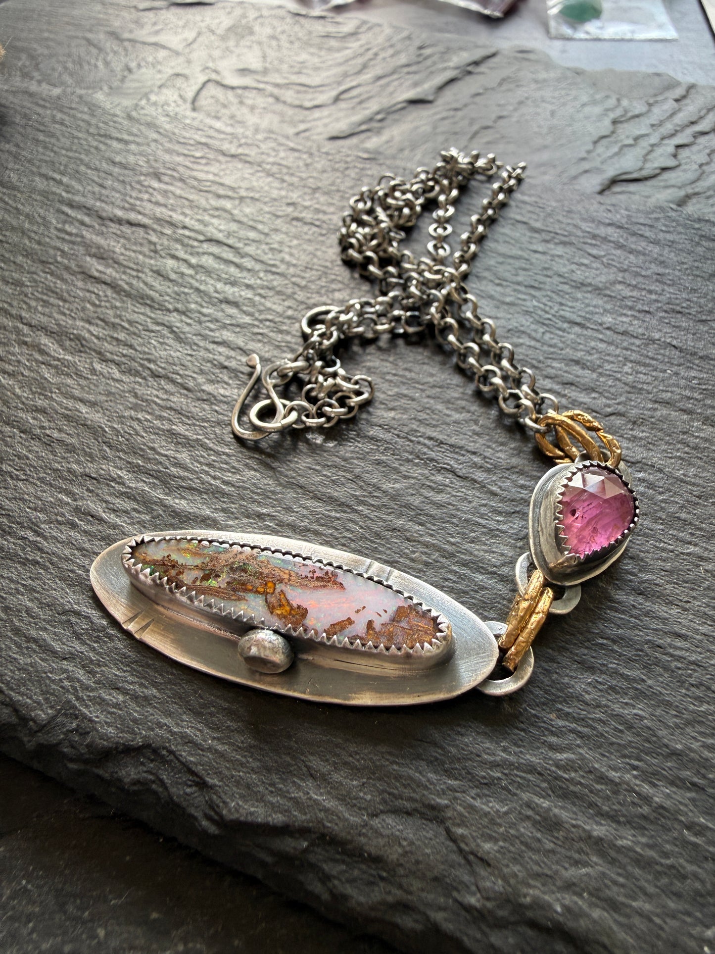 Pink Boulder Opal with Tourmaline
