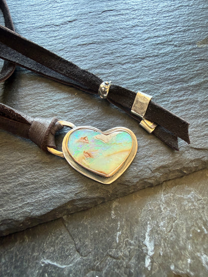 Opal Heart Leather Necklace