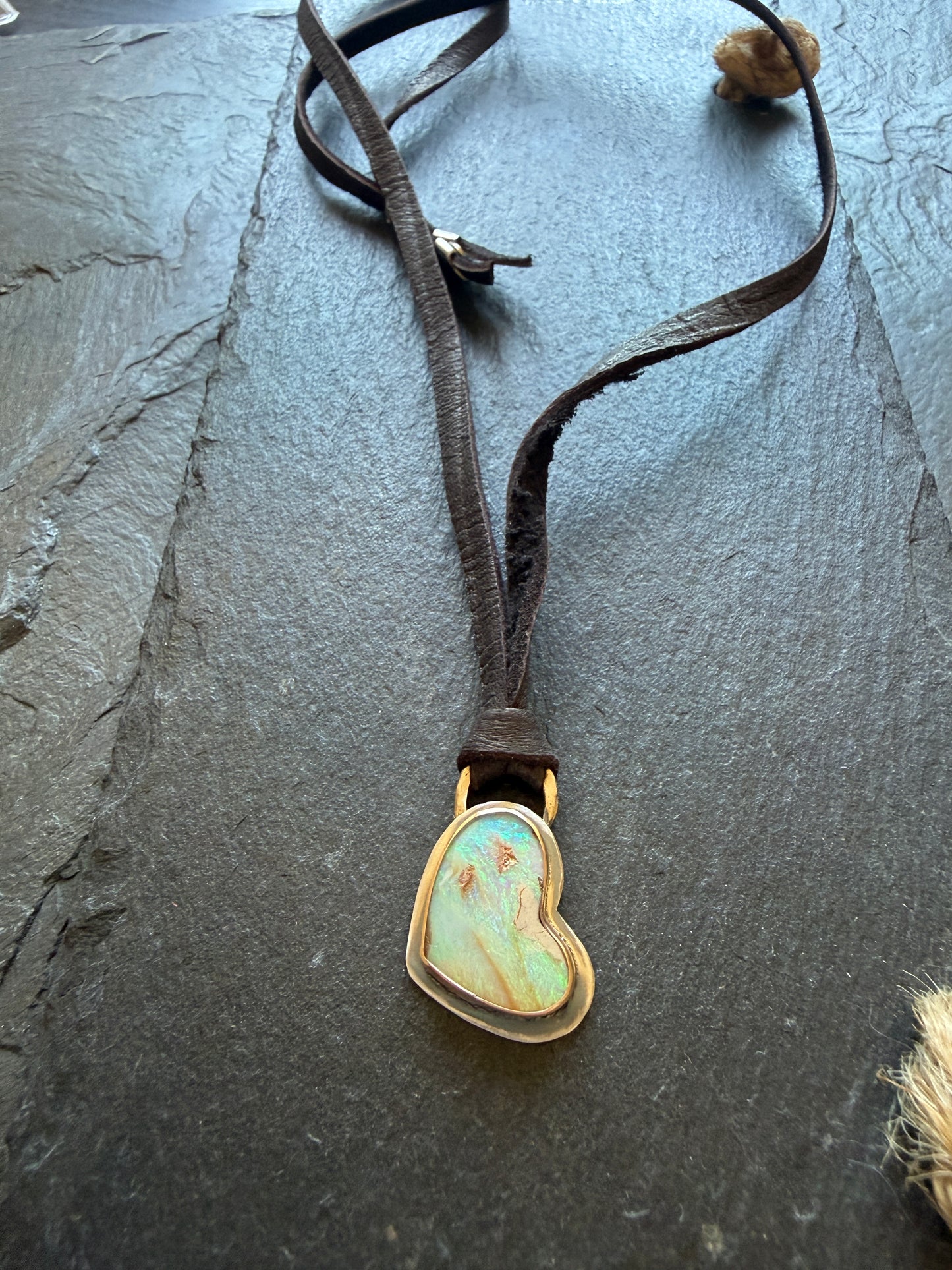 Opal Heart Leather Necklace