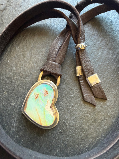 Opal Heart Leather Necklace