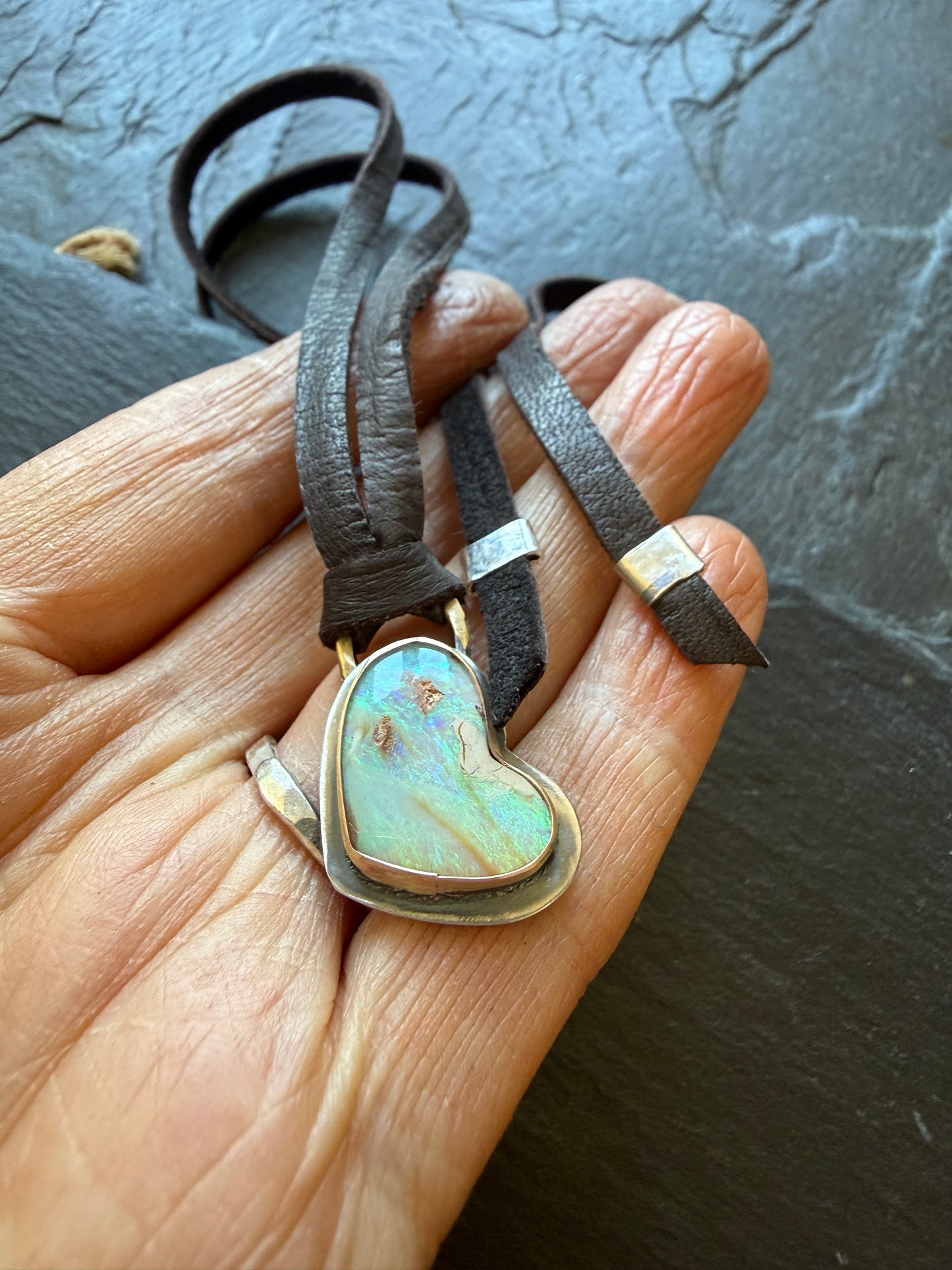 Opal Heart Leather Necklace