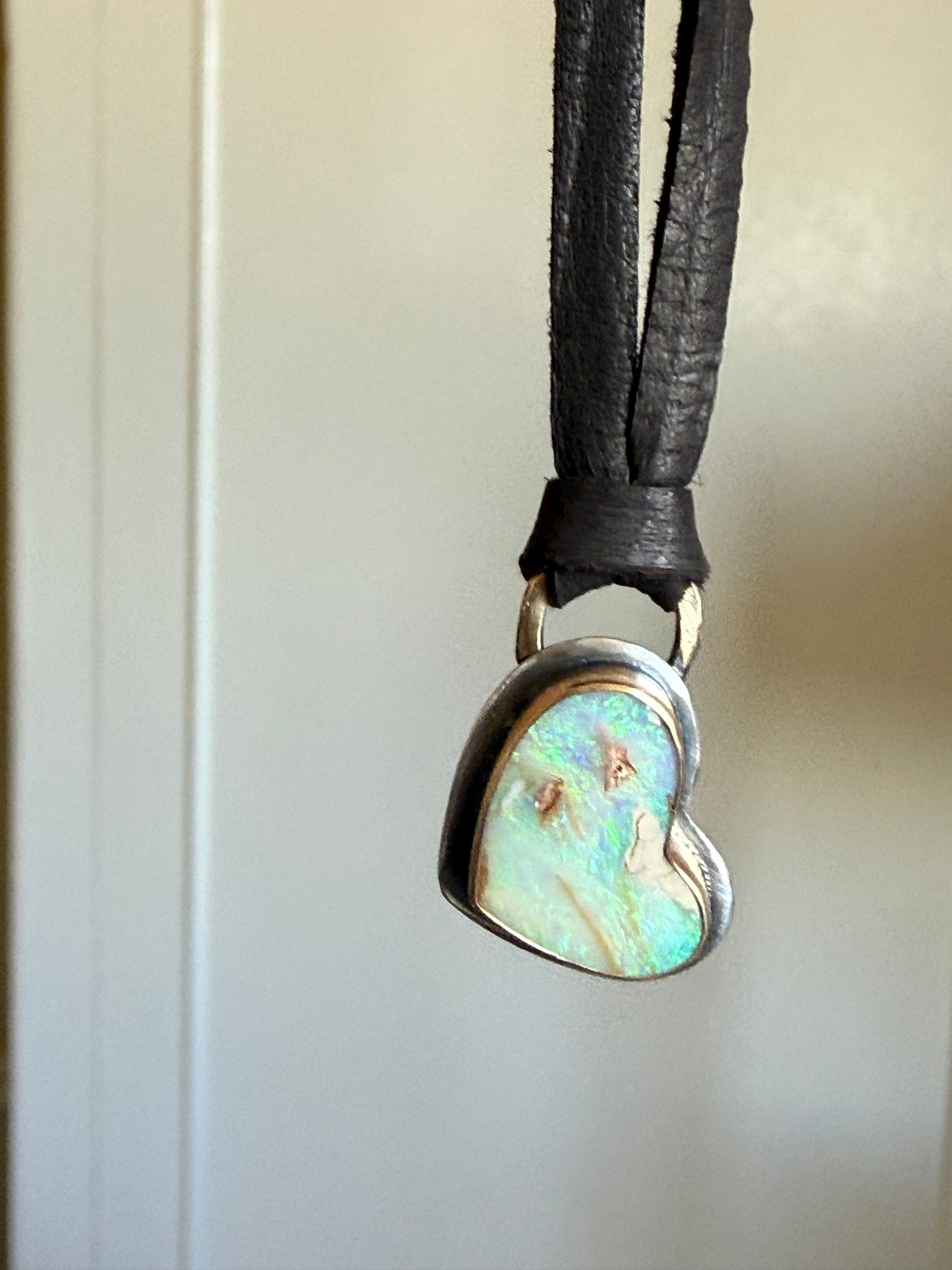 Opal Heart Leather Necklace