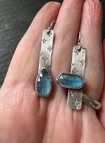 Mismatched dainty kyanite earrings, gemstone boho jewellery in sterling silver