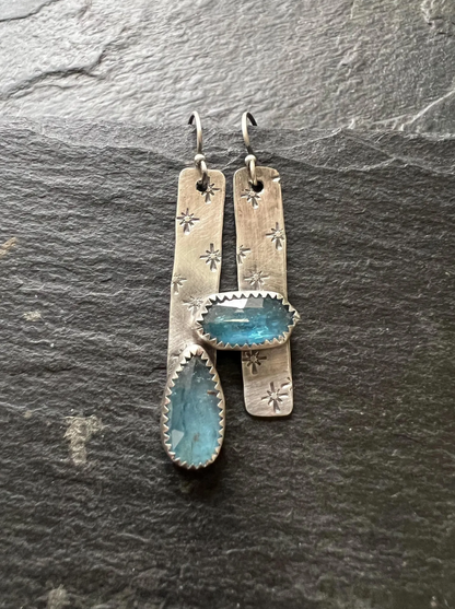 Mismatched dainty kyanite earrings, gemstone boho jewellery in sterling silver