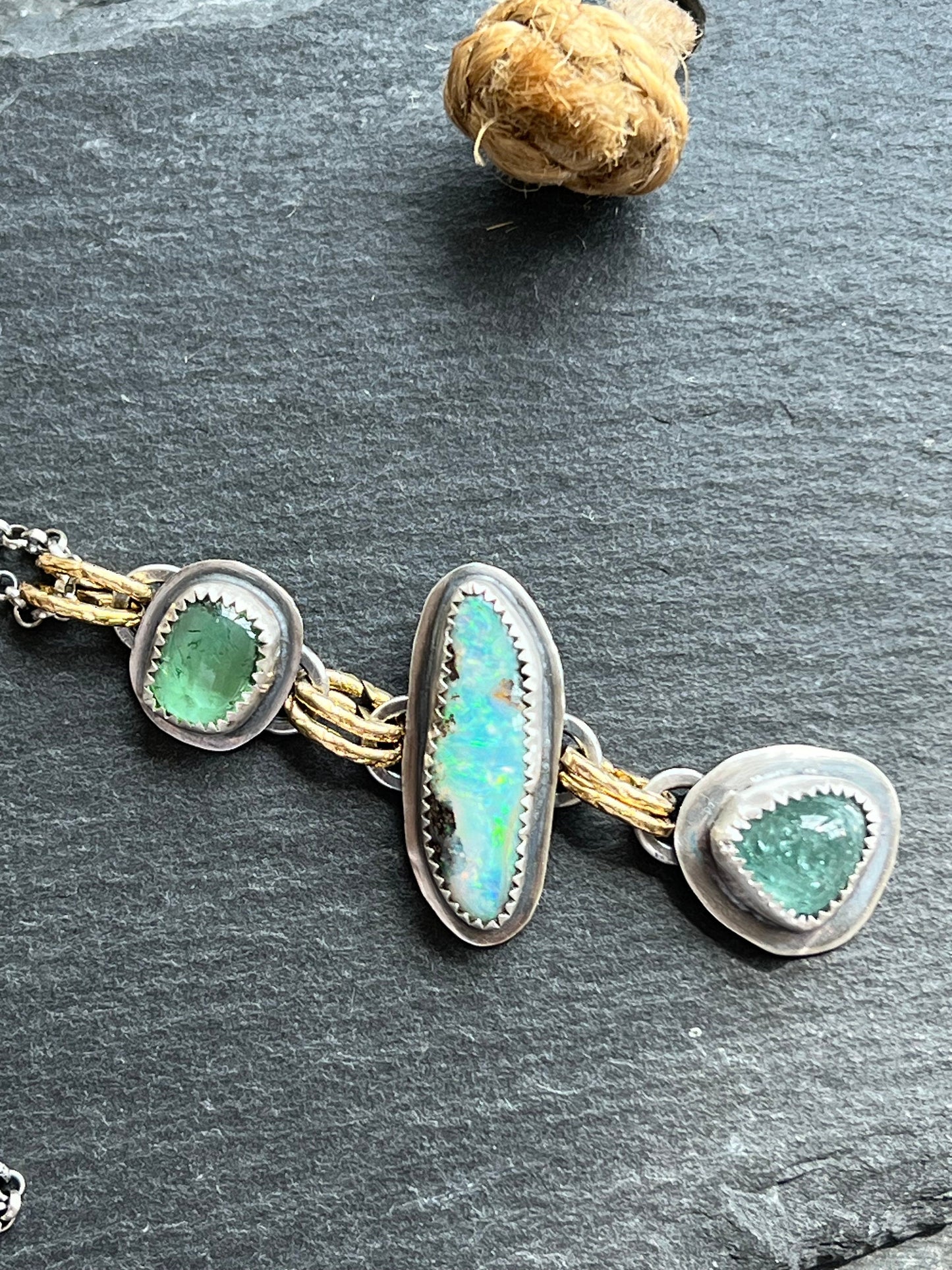 Tourmaline and opal Long charm necklace, mixed metal and gemstone Jewellery, bezel set necklace