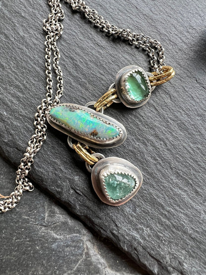 Tourmaline and opal Long charm necklace, mixed metal and gemstone Jewellery, bezel set necklace