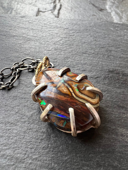 Koroit Boulder opal necklace, rustic claw set necklace, opal and sterling silver necklace