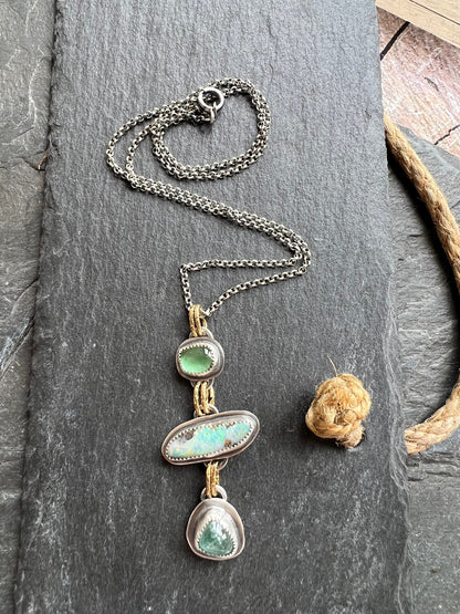 Tourmaline and opal Long charm necklace, mixed metal and gemstone Jewellery, bezel set necklace