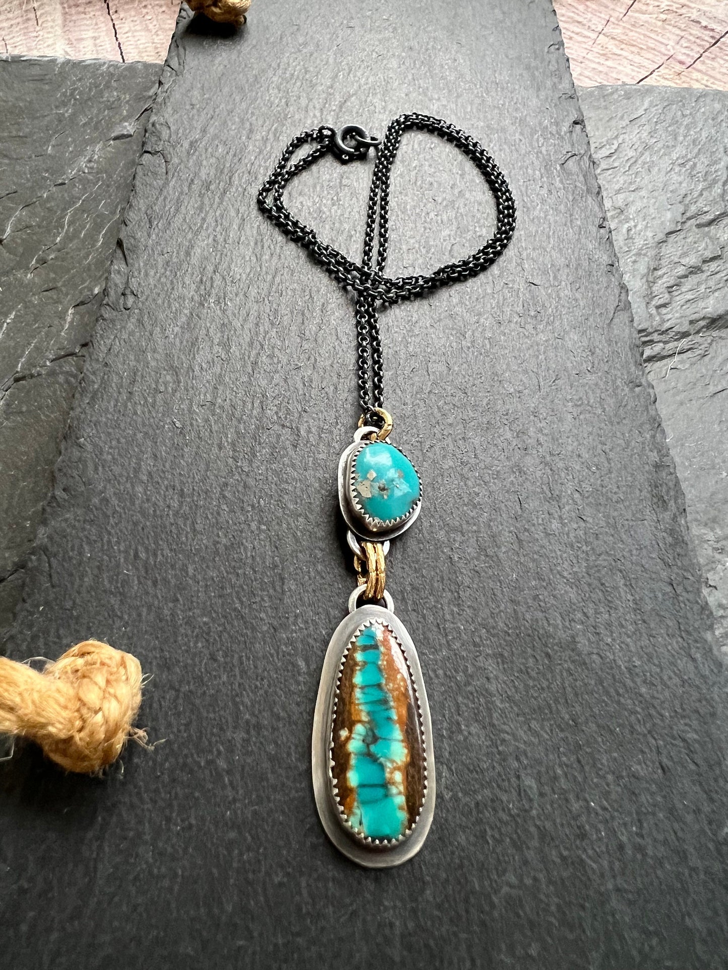 Turquoise necklace, rustic gemstone and mixed metal jewellery, bezel set necklace