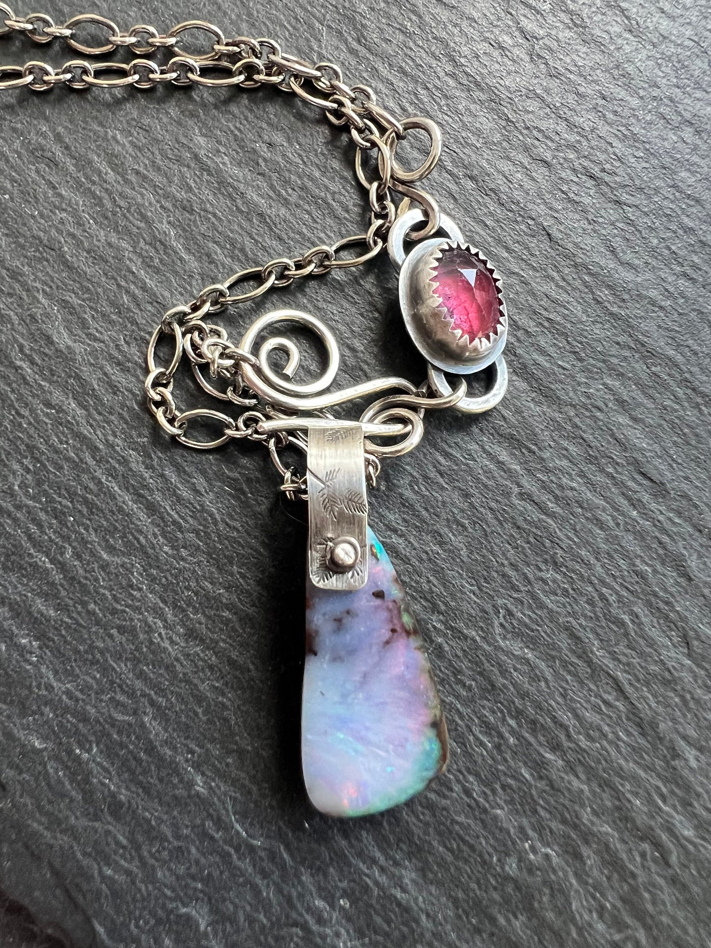 boulder opal necklace with pink tourmaline and sterling silver, opal layering necklace, December birthstone gift