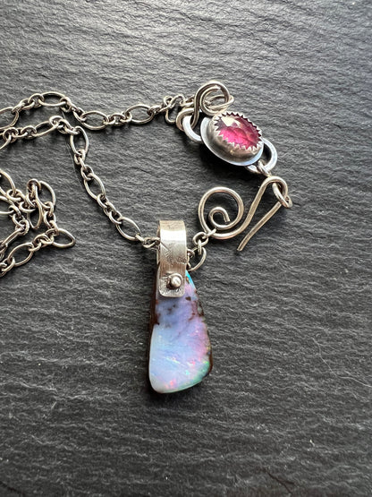 boulder opal necklace with pink tourmaline and sterling silver, opal layering necklace, December birthstone gift