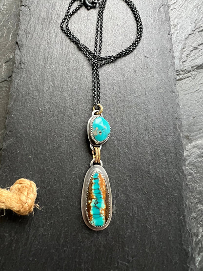 Turquoise necklace, rustic gemstone and mixed metal jewellery, bezel set necklace