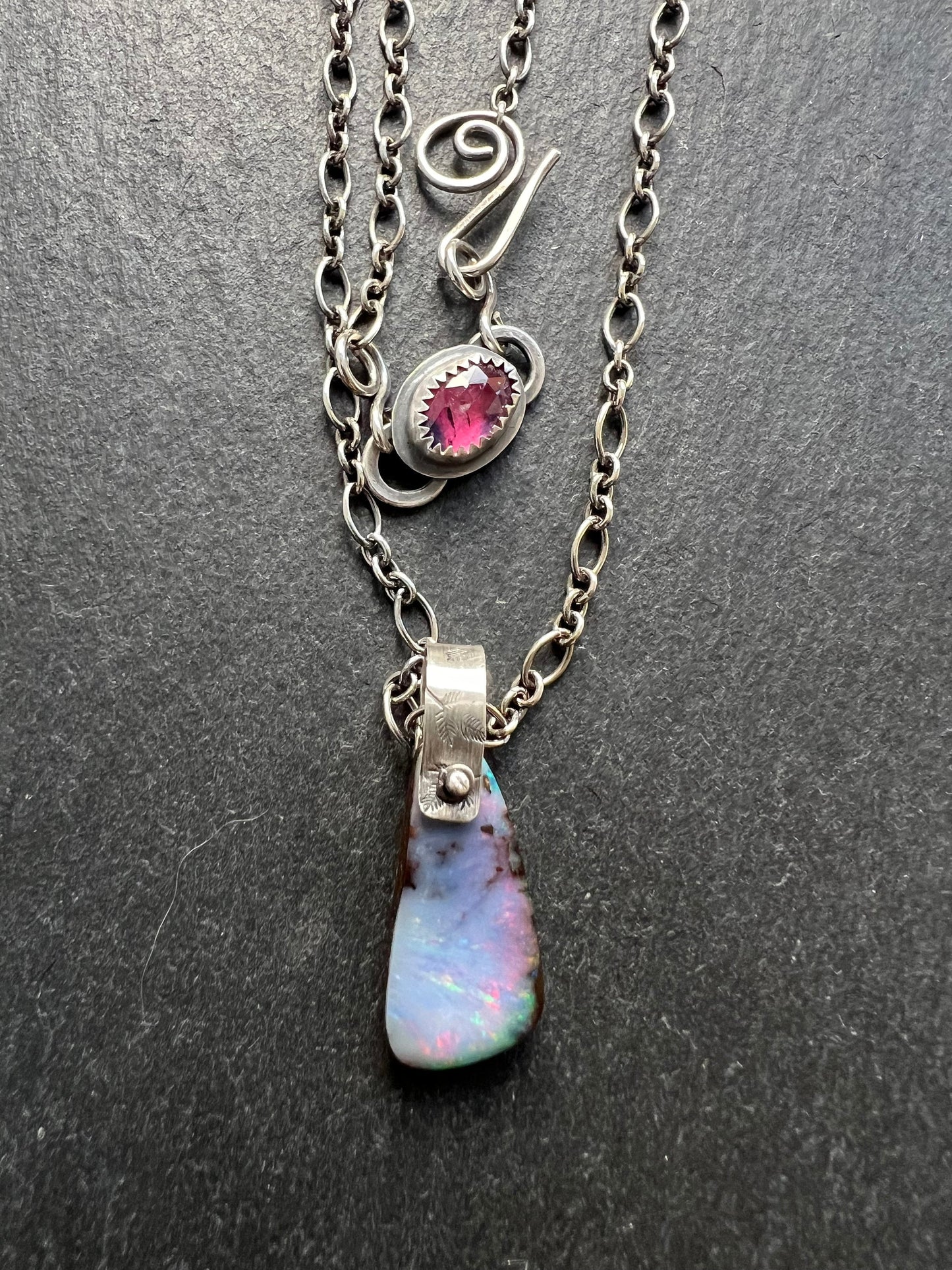 boulder opal necklace with pink tourmaline and sterling silver, opal layering necklace, December birthstone gift