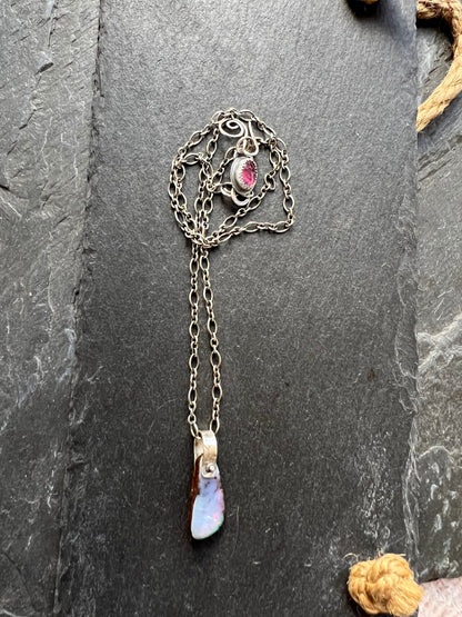 boulder opal necklace with pink tourmaline and sterling silver, opal layering necklace, December birthstone gift