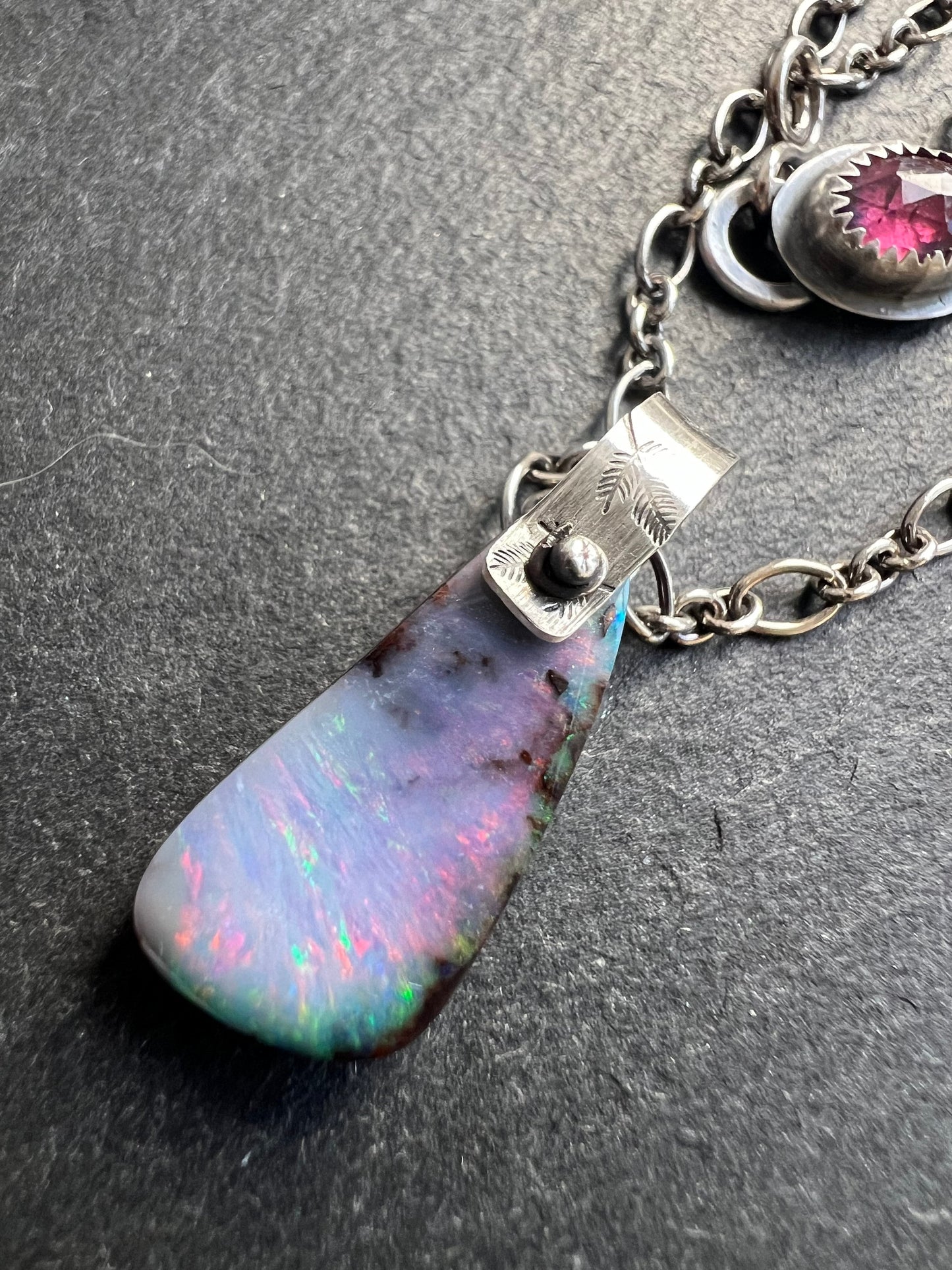 boulder opal necklace with pink tourmaline and sterling silver, opal layering necklace, December birthstone gift