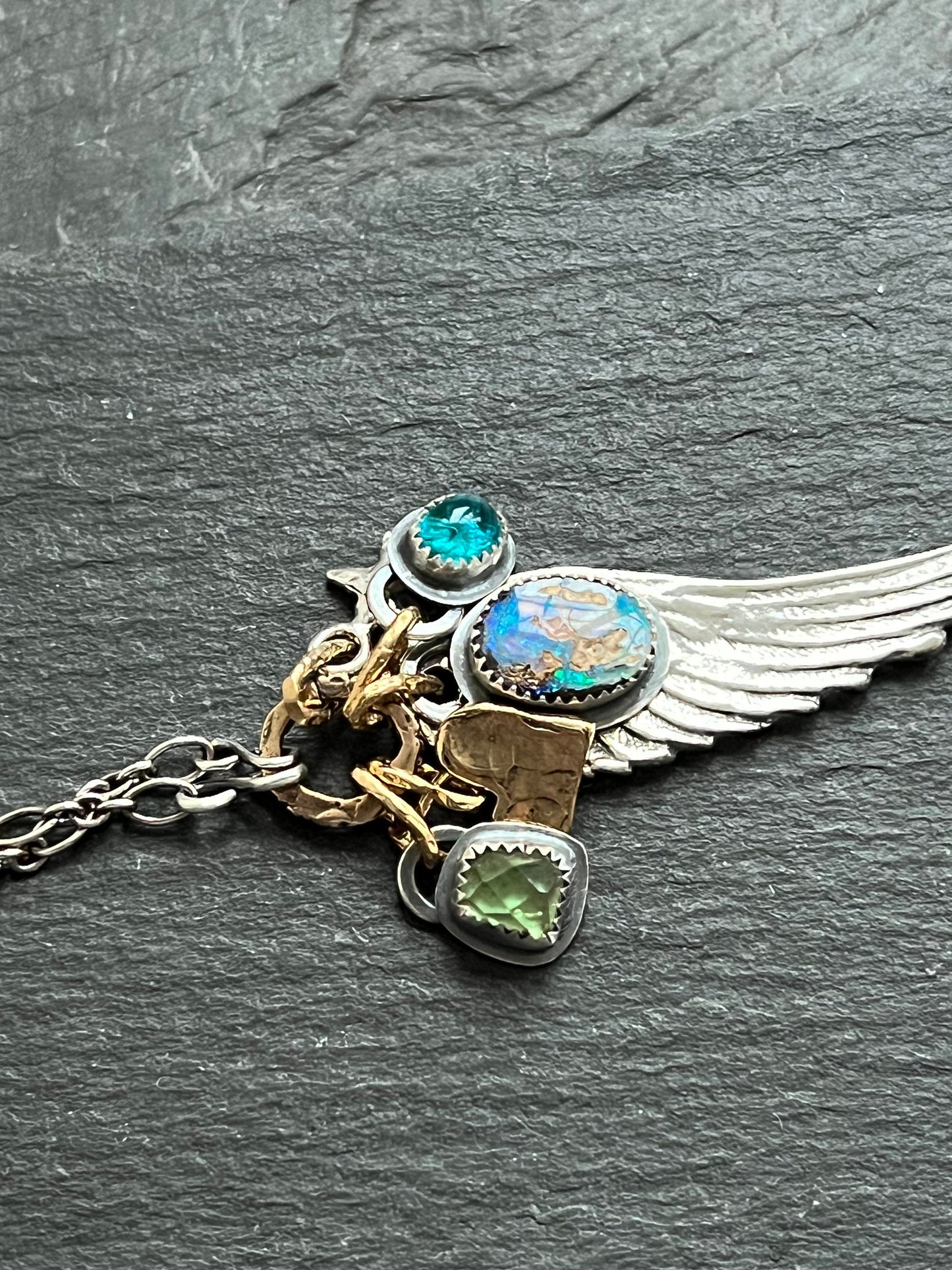 Angel wing charm necklace, boulder opal, apatite and tourmaline, mixed metal jeweller gift for her