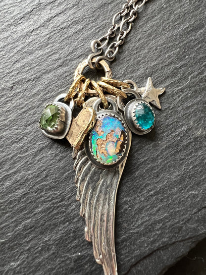 Angel wing charm necklace, boulder opal, apatite and tourmaline, mixed metal jeweller gift for her