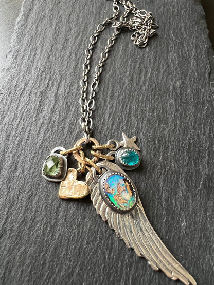 Angel wing charm necklace, boulder opal, apatite and tourmaline, mixed metal jeweller gift for her