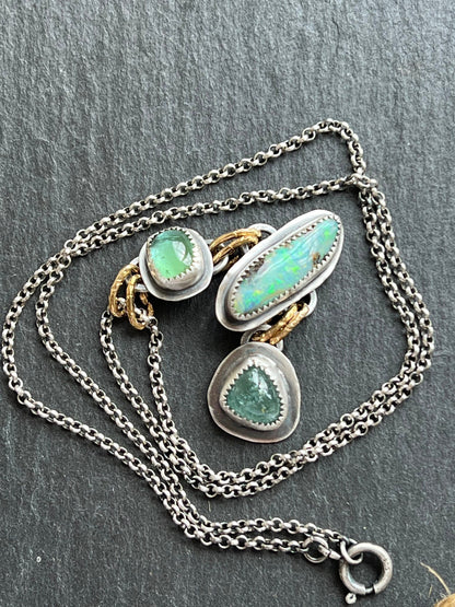 Tourmaline and opal Long charm necklace, mixed metal and gemstone Jewellery, bezel set necklace